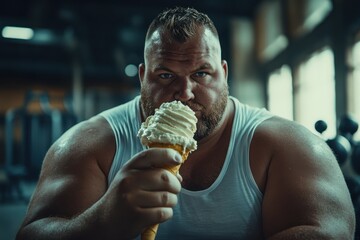 Unexpected indulgence in a gym setting highlights the humor and contrast of fitness and enjoyment with ice cream