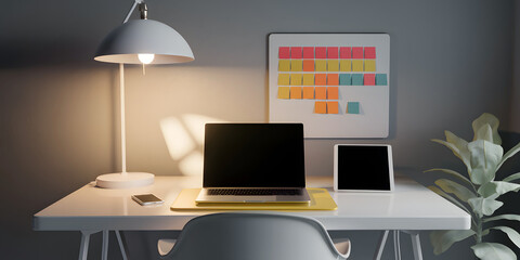 A tidy workspace featuring a grey wall, a white lamp, laptop, smartphone, tablet, white chair, and a potted plant illuminated by sunlight.