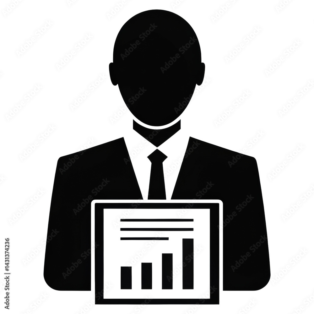 Poster a silhouetted figure in a suit holding a chart displaying rising graphs, symbolizing business analyt