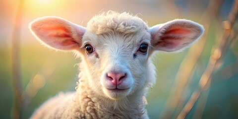 Fototapeta premium Adorable Baby Lamb Close-Up: Fluffy Fleece and Innocent Eyes Macro Photography