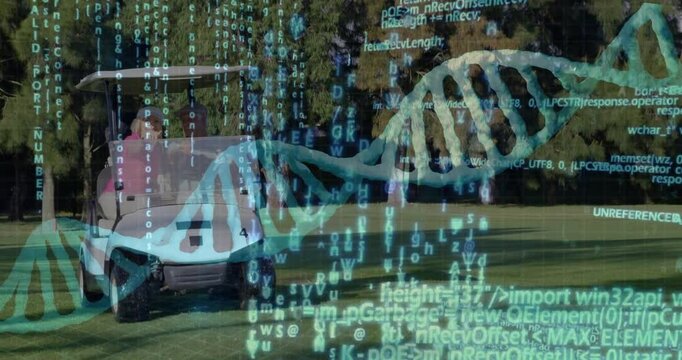 Mature woman and senior man driving golf cart on fairway, showing DNA helix code overlay