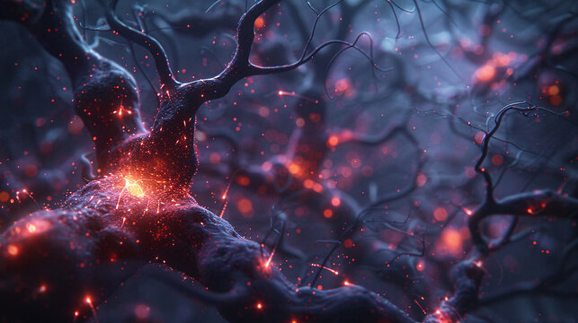 A mystical and eerie depiction of neural pathways and axons, with a subtle glow and cryptic atmosphere, showcasing the future of neurology and medical technology
