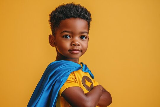 Cute African American boy embodies superhero spirit, striking a cool pose in front of a bright yellow backdrop during a fun studio photoshoot - Powered by Adobe