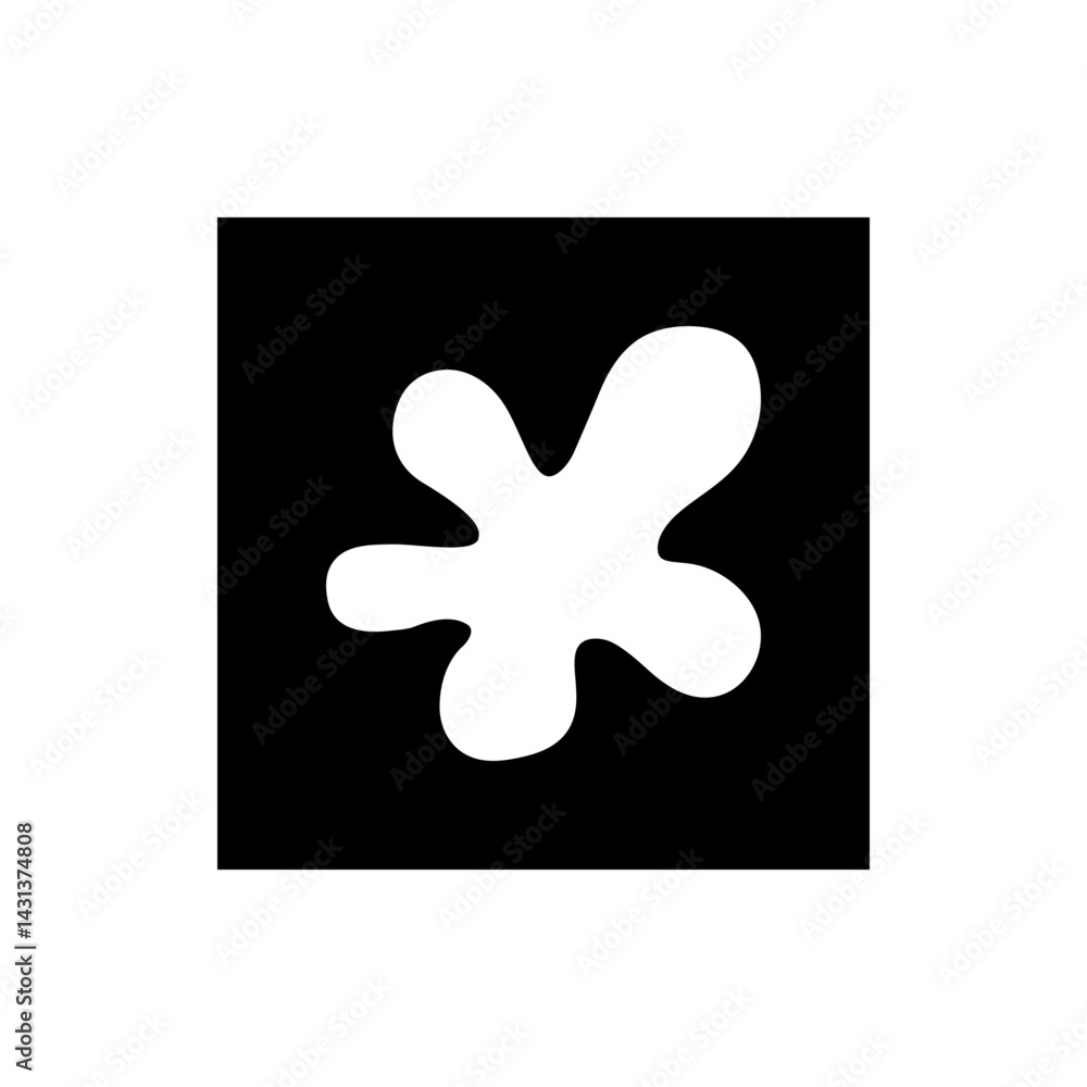Poster white blob with five extensions centered on a black square background creating a simple graphic desi