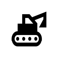 Illustration of a black excavator with a track system and a digging arm on a white background icon style