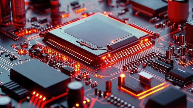 Glowing Processor: A detailed, close-up shot of a complex computer processor, lit with vibrant neon-like colors, suggesting a powerful and high-tech electronic component. 
