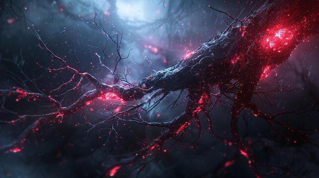 A mystical and eerie depiction of neural pathways and axons, with a subtle glow and cryptic atmosphere, showcasing the future of neurology and medical technology