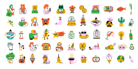 Groovy hipster 90s style avatars, logos, icons stickers illustrations set. Collection of trendy retro doodle illustrations for the patches, stickers, labels, tags, stamps.