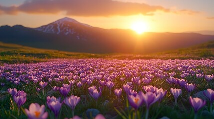 Obraz premium Scenic mountain sunrise with blooming crocuses in foreground, peaceful winter-to-spring transition 
