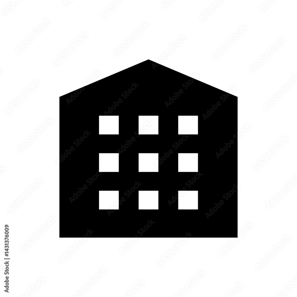 Poster illustration of a black house shaped structure with nine square windows arranged in a grid pattern v