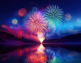 Bright fireworks burst in vibrant colors above a calm lake during a nighttime holiday celebration.