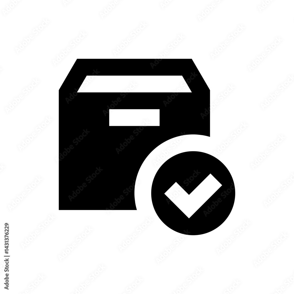 Poster black document folder icon with handle and white check mark inside a black circle on the bottom righ