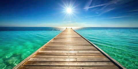 Fototapeta premium Sunlit Wooden Pier Extending into Tranquil Turquoise Ocean Waters on a Bright Sunny Day