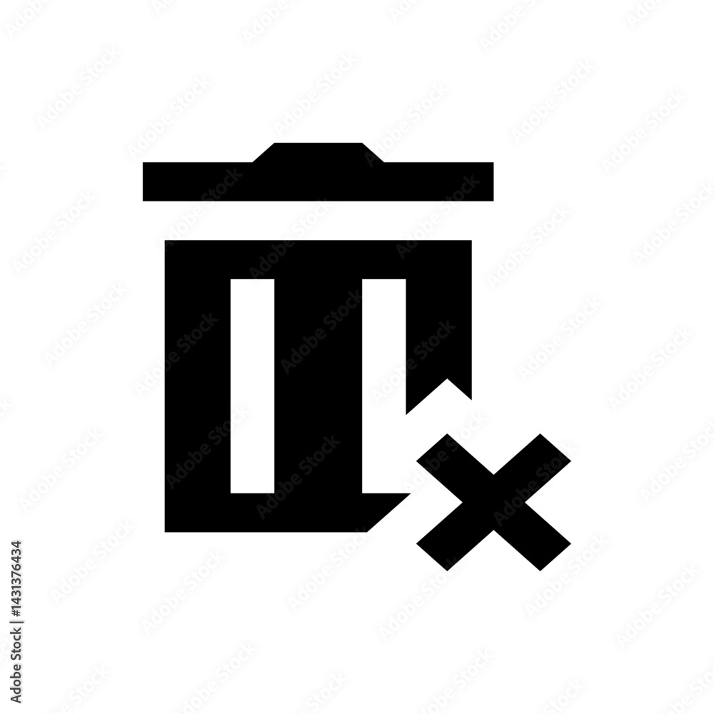 Poster illustration of a black trash can with a lid and a cross mark at the bottom right indicating deletio
