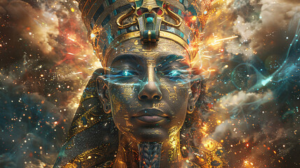 A mystical illustration of an ancient Egyptian god with golden ornaments and precious gems, set against a vibrant, magical background with mythical elements