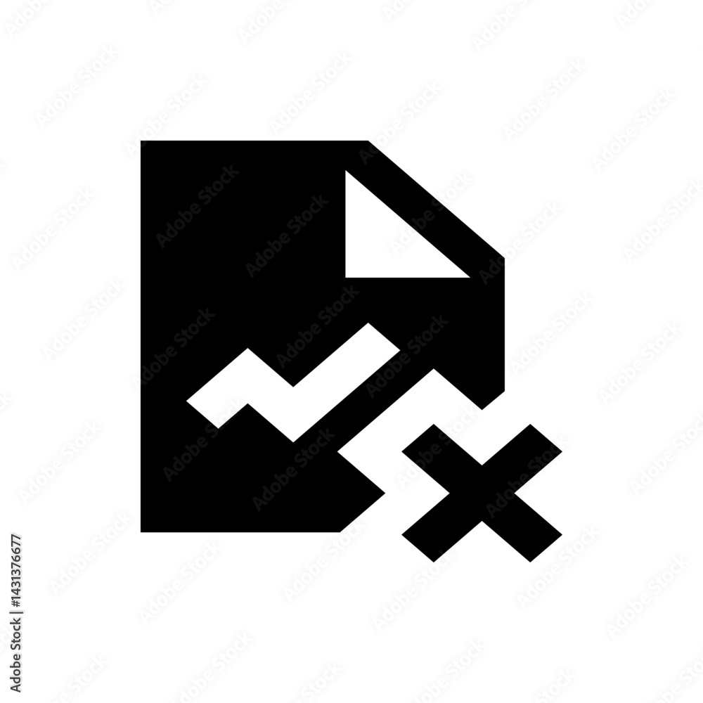 Poster black document icon with a zigzag line and a large x symbol indicating deletion or removal of the fi