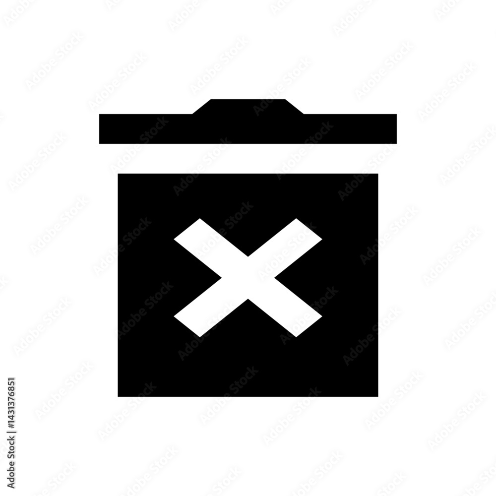 Poster black trash can icon with a white x on the front and a partially open lid in a simple vector image