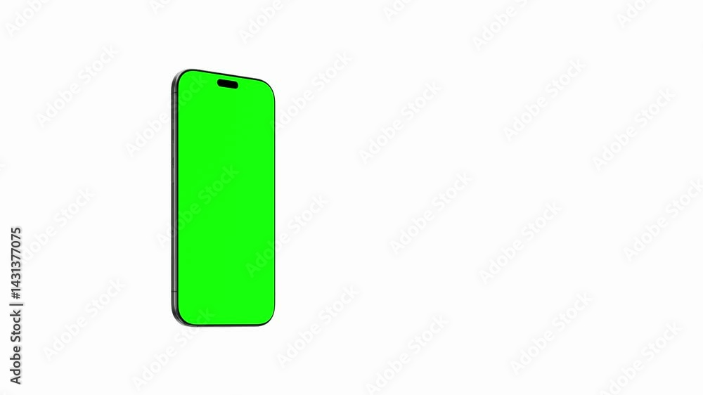 Poster rotating smartphone with a green screen on a white background, perfect for displaying apps or media 