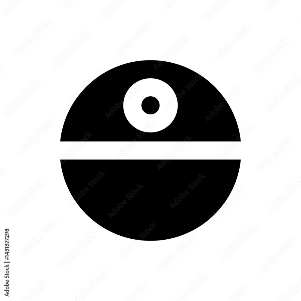 Poster a black and white graphic featuring a circular object with a line across and a smaller circle on top
