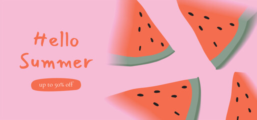Watermelon slice and Typography Hello Summer on Pink Background. Retro Gradient Blur Style. Soft edge Fruit Design for Banner Poster Promotion. Vector illustration