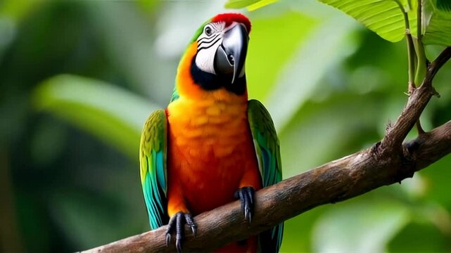Vibrant Sun Conure Perched on Lush Tropical Branch