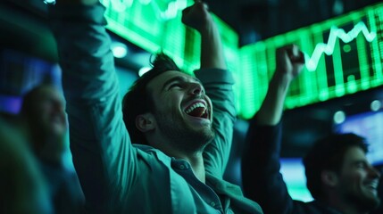 Obraz premium Happy man in suit watching green screen of stock market exchange