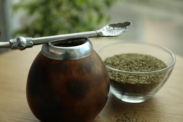 Traditional yerba mate tea on wooden table indoors, closeup