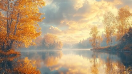 Serene autumn forest by a quiet riverbank, golden foliage mirrored on water under a pastel sky 