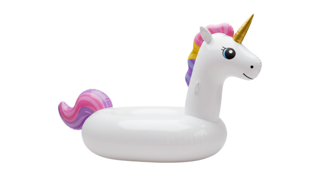 A white inflatable unicorn pool float with a golden horn isolated on a black background in studio lighting