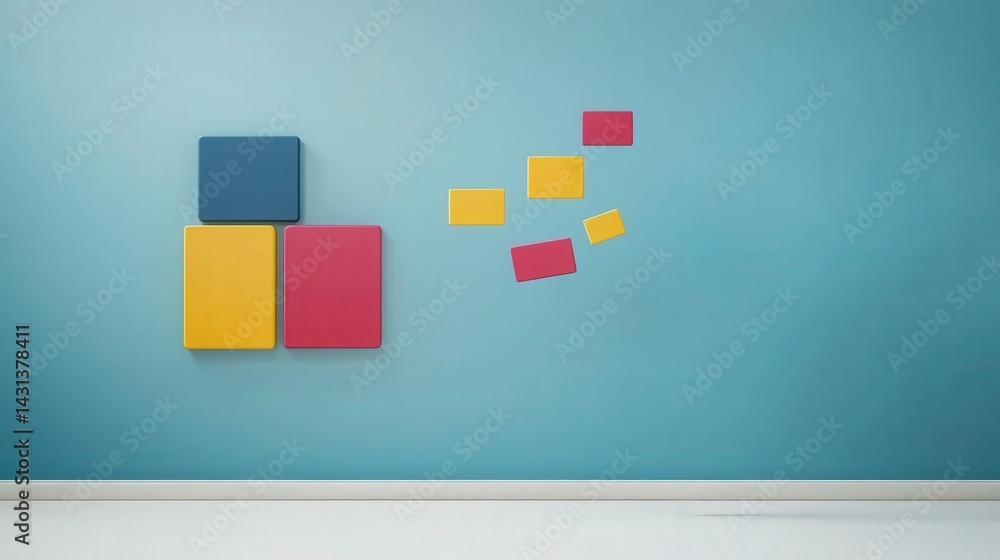 Poster machine learning deep learning optimization concept. colorful geometric shapes on a blue wall in a m