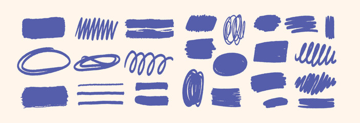 Set of Purple Crayon Scribbles. Hand Drawn Swirls, Underlines, Circles, Blobs and Rough Marker Textures. Doodle Design Elements in Grunge Style. Vector Illustration Design