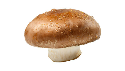 fresh brown mushroom with water droplets on cap, organic edible fungus for cooking and health food, on isolated background
