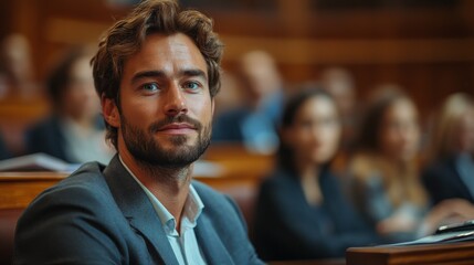Fototapeta premium A focused young man with brown hair sits in a formal environment while others around him also listen attentively. The atmosphere reflects serious engagement in the ongoing discussion.