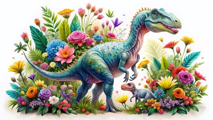 Obraz premium Adorable Dinosaur Mom & Baby with Flowers - Charming White Background Stock Photo