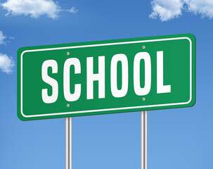 Bright green SCHOOL road sign with bold white letters against clear blue sky. Graphic vector illustration on metal poles, low-angle perspective. Simple, clean design ideal for educational
