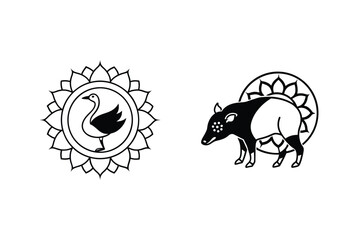 Black And White Animal Icon Set Featuring Swan And Tapir Vector Illustration