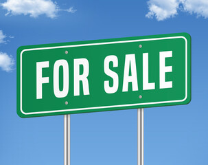 Bright green 'FOR SALE' sign with bold white text mounted on metal poles against a clear blue sky...