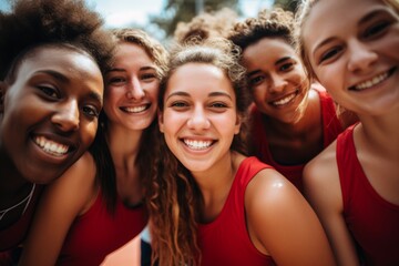 Fototapeta premium Portrait of a young female basketball players smiling and posing for a team photo on the basketball court