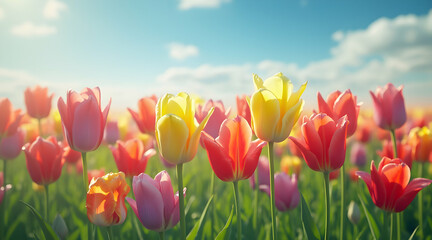 Colorful Tulip Field Under Blue Sky in Spring