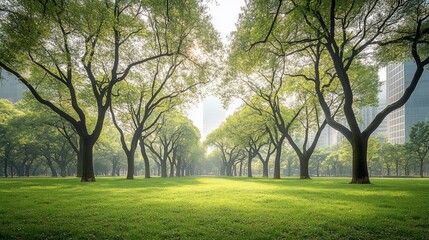 Obraz premium Lush parkland pathway, sunlit trees, urban backdrop