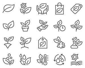 Simple Set of Plants Related Vector Line Icons. Contains such Icons as Leaf on Hand, Growing Conditions, Leafs and more.
