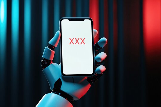 A humanoid robotic hand holds a smartphone with the letters XXX. Private chat, online adult pornography, OnlyFans concept.