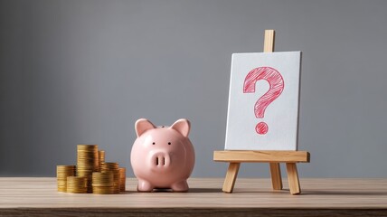 A piggy bank next to coins and a question mark on a canvas, symbolizing financial inquiries or savings.
