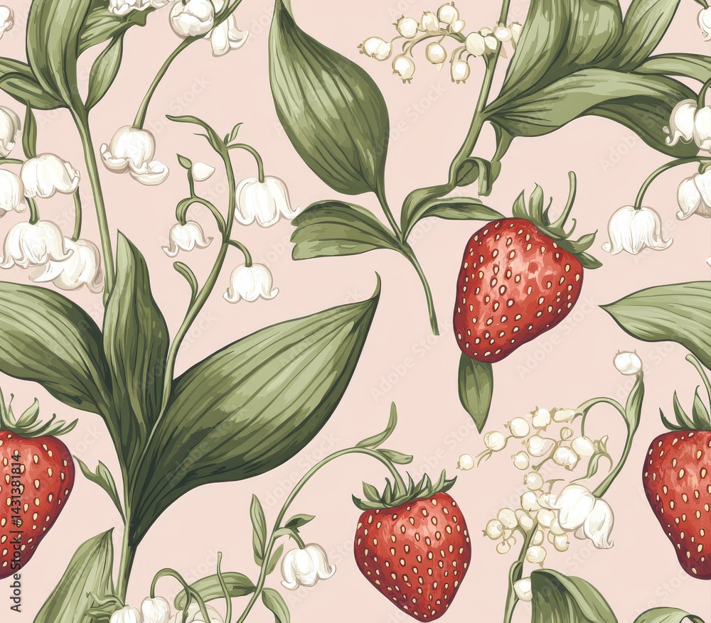 Poster watercolor seamless pattern of charming seamless pattern of strawberries and lilies of valley on sof