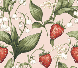 Watercolor Seamless Pattern of Charming seamless pattern of strawberries and lilies of valley on soft background
