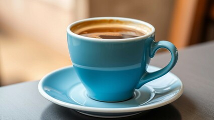 Obraz premium Stilvolle blaue Kaffeetasse mit frischem Kaffee und feiner Crema auf Untertasse, ideal für moderne Food- oder Lifestyle-Szenen.