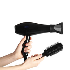 Woman with hair dryer and round brush on white background, closeup