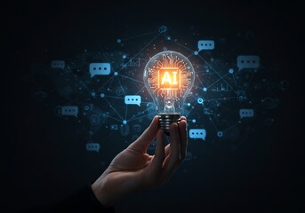 Hand Holding Glowing AI Light Bulb Network Concept