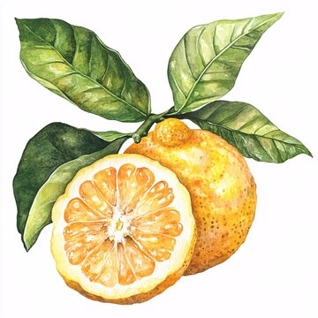 Fresh Ugli Fruit Watercolor Illustration Showcasing Vibrant Colors and Leaves