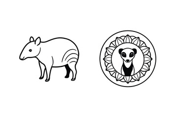 Minimalist Line Art Of A Tapir And A Meerkat Mandala Design Element